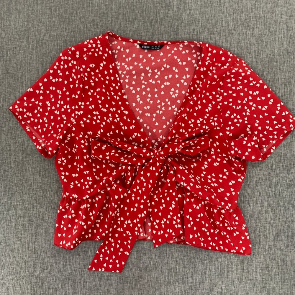 Shein‎ Tie Front Ruffled Top Hearts Red White Sz 4 Cute Valentine Love Blouse